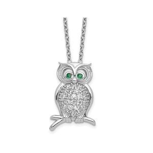 Sterling Silver Owl Pendant Necklace with Chain and Synthetic Cubic Zirconias